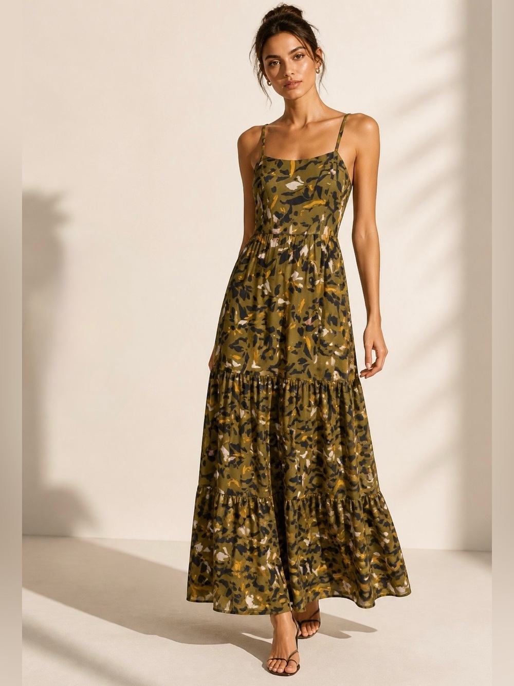 Olive green /Mustard Floral Smocked Midi Dress